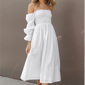 DOMENICA SHIRRED LONG SLEEVE MIDI DRESS - WHITE Small